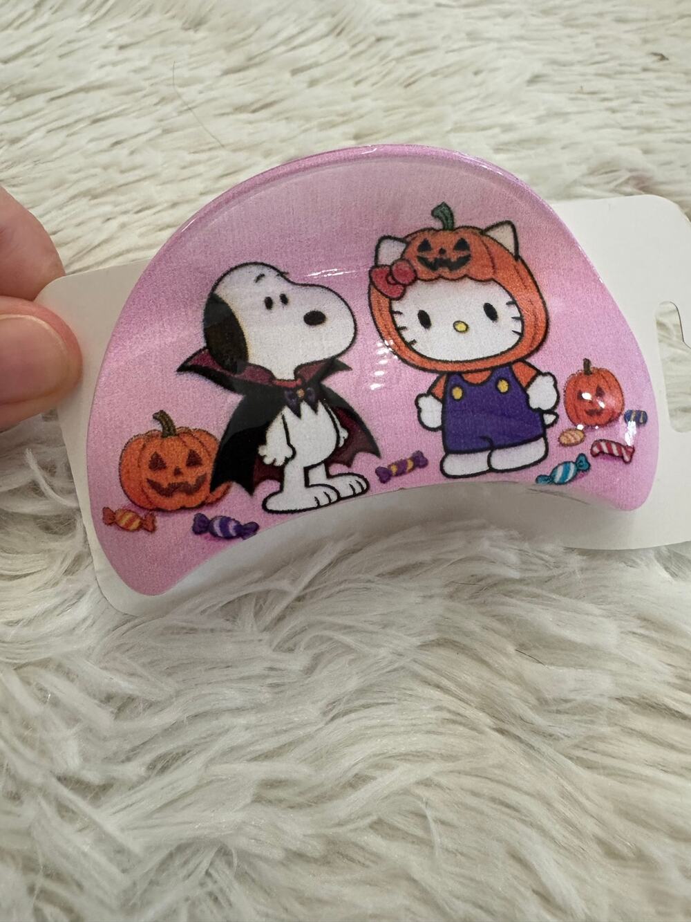 Pink Hello Kitty and Snoopy Halloween acrylic hair clip with pumpkins and candy